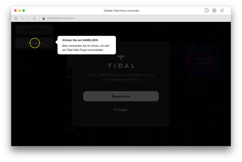 Sich bei Tidal einloggen
